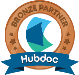Round ring that says Bronze partner with a blue ribbon across that says Hubdoc. 
